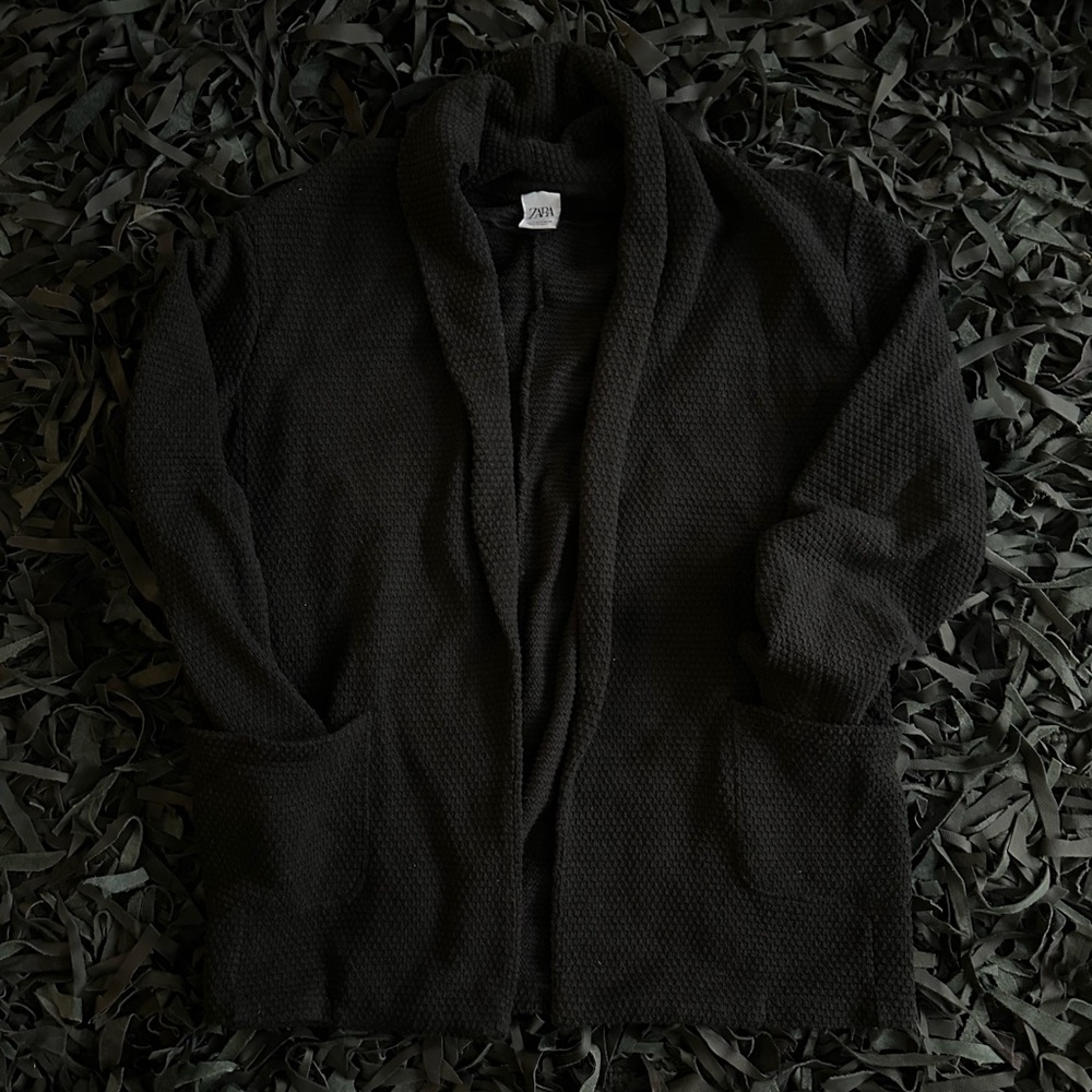 Zara Black Textured Open Front Cardigan Sweater (XL)